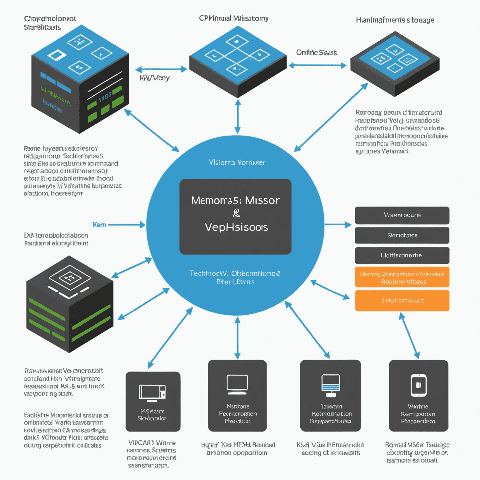 A diagram showing CPU, memory, and storage optimization techniques for hypervisors. The image includes visual representations of VMware vSphere, Microsoft Hyper-V, and KVM logos, along with performance graphs and system resource allocation charts.