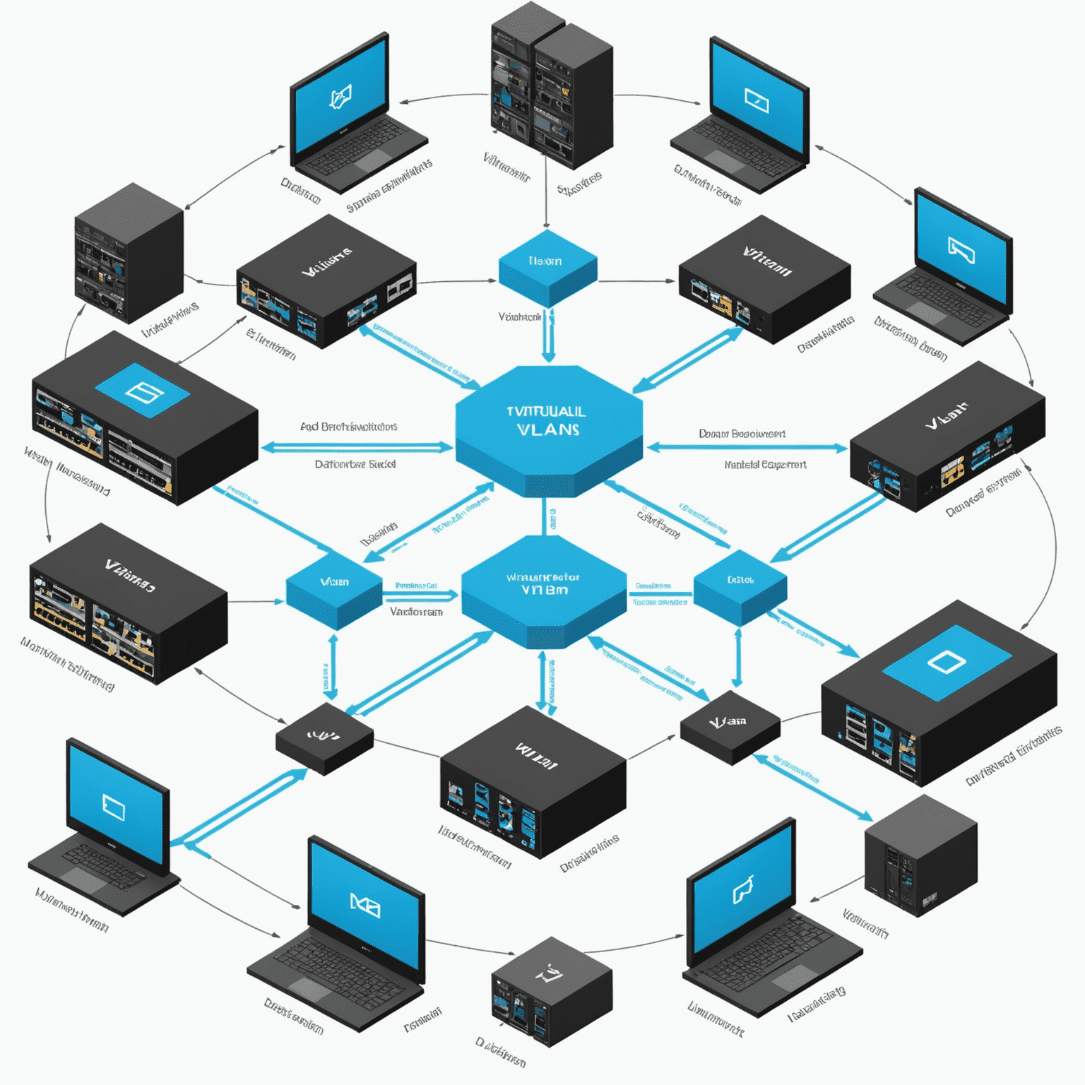 Diagram showing virtual networking components including vSwitches, VLANs, and distributed switches in a virtualized environment
