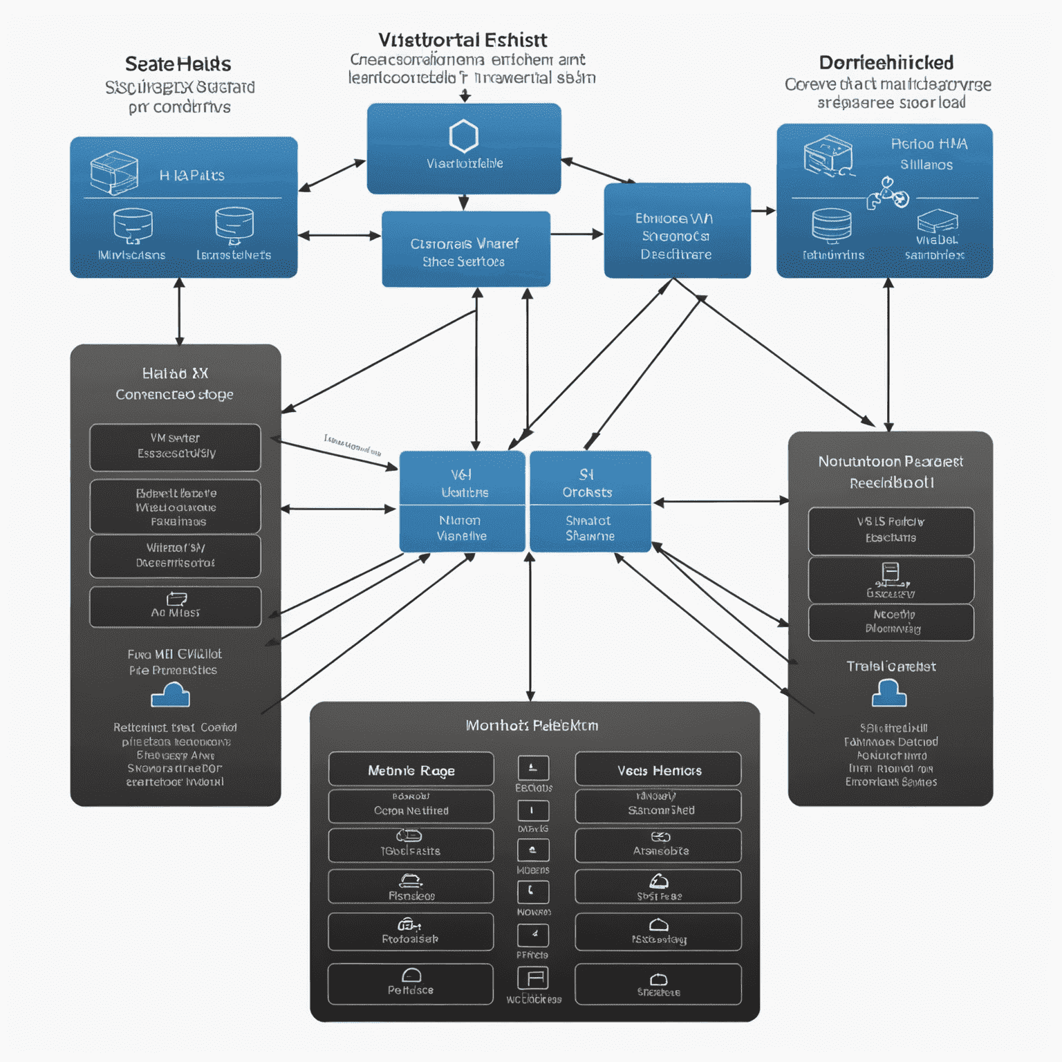 Diagram showing VMware vSphere HA architecture with multiple ESXi hosts connected to shared storage, illustrating primary and secondary nodes, and VM placement