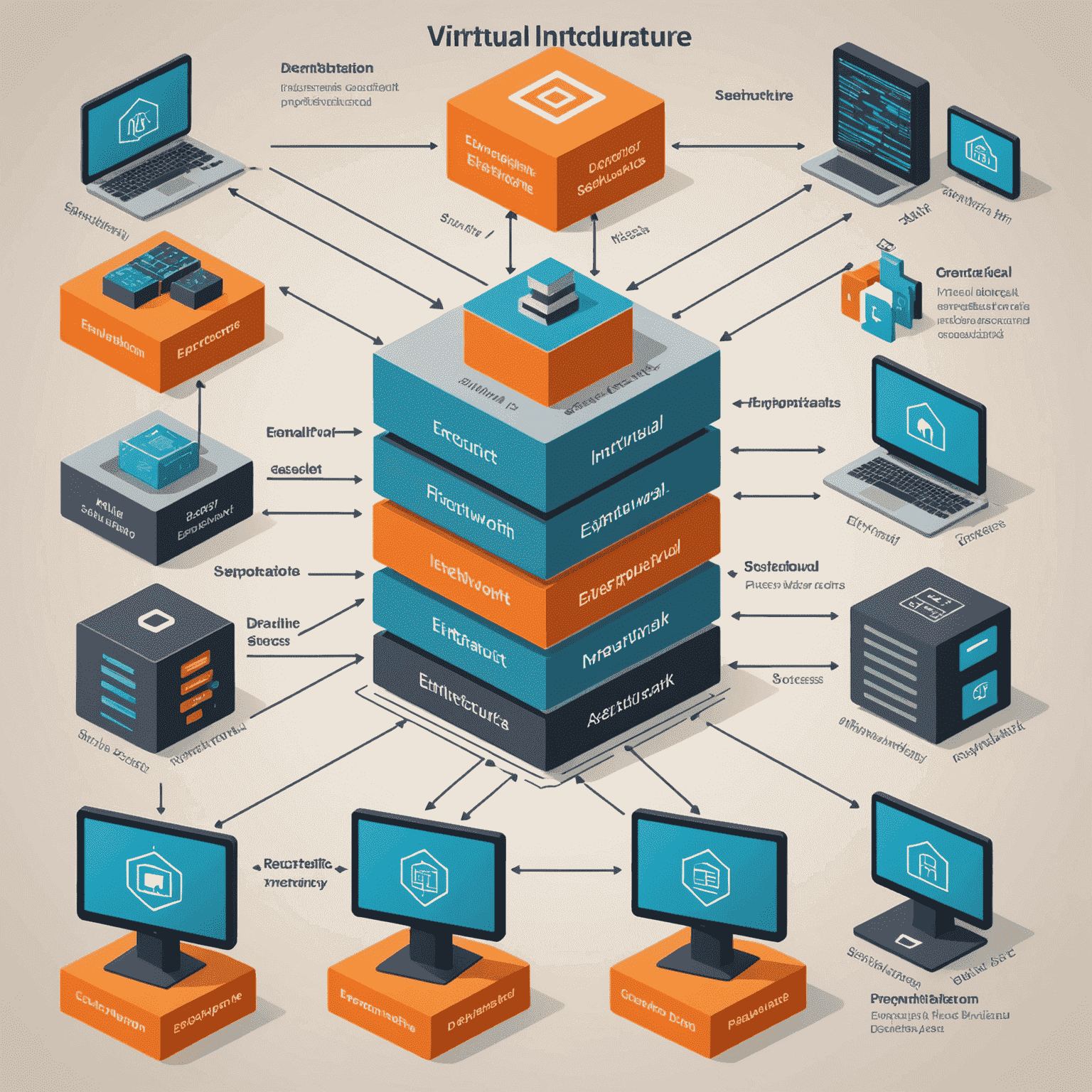 A diagram showing various layers of virtual infrastructure security, including firewalls, encryption, and access controls