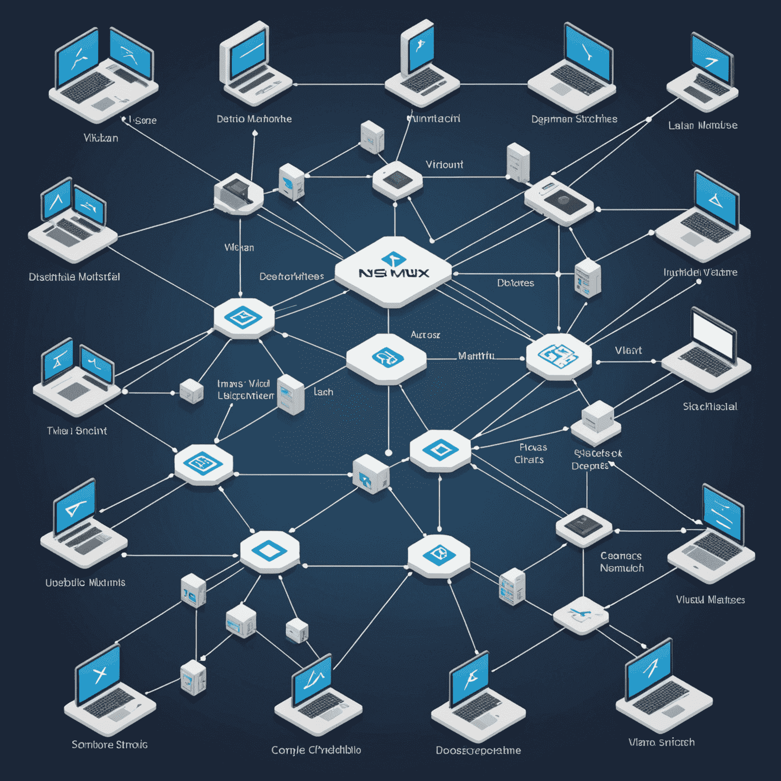 A complex network diagram showcasing virtual switches, VLANs, and distributed switches. The image includes icons representing NSX and software-defined networking concepts, with interconnected virtual machines and network paths.