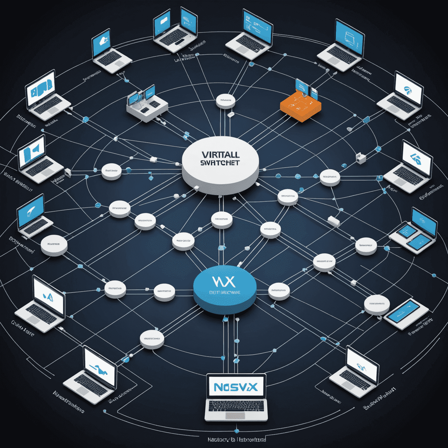 A complex network diagram showcasing virtual switches, VLANs, and distributed switches. The image includes representations of NSX and software-defined networking concepts in a virtualized data center environment.