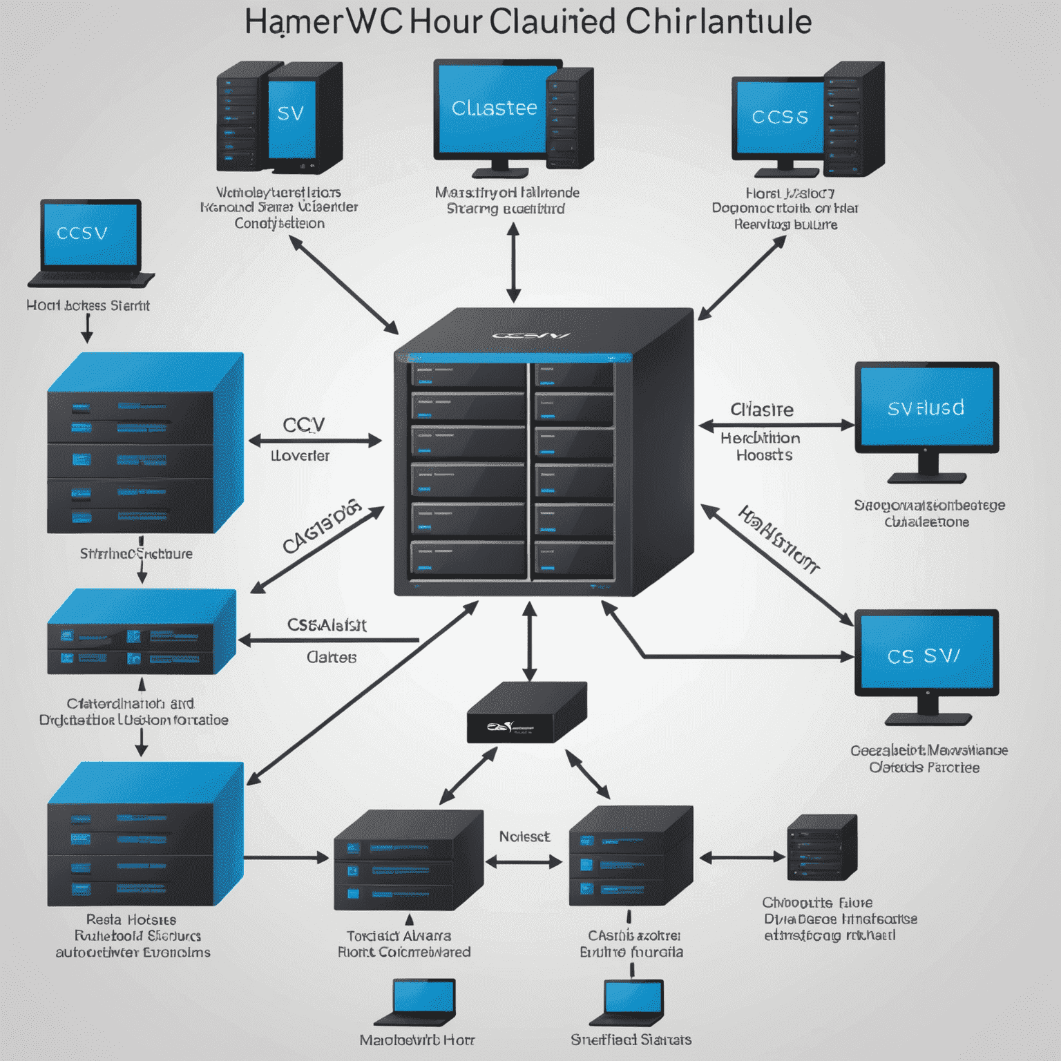 Diagram of Hyper-V Failover Cluster architecture showing multiple Hyper-V hosts, shared storage, and the Cluster Shared Volumes (CSV) concept