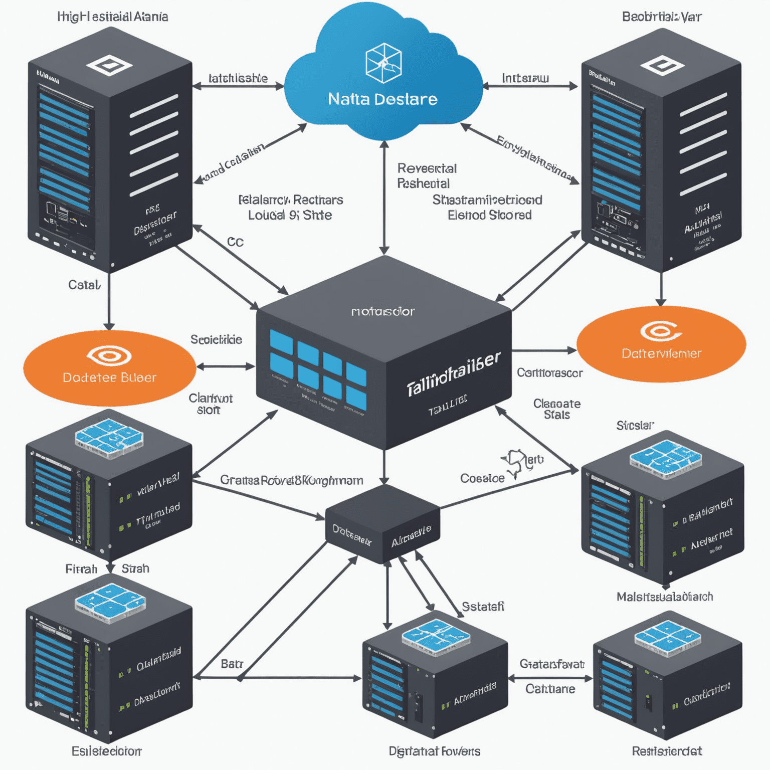 A detailed architecture diagram showing high availability cluster setup in a virtualized environment. The image includes failover paths, shared storage, and load balancing mechanisms across multiple hosts.